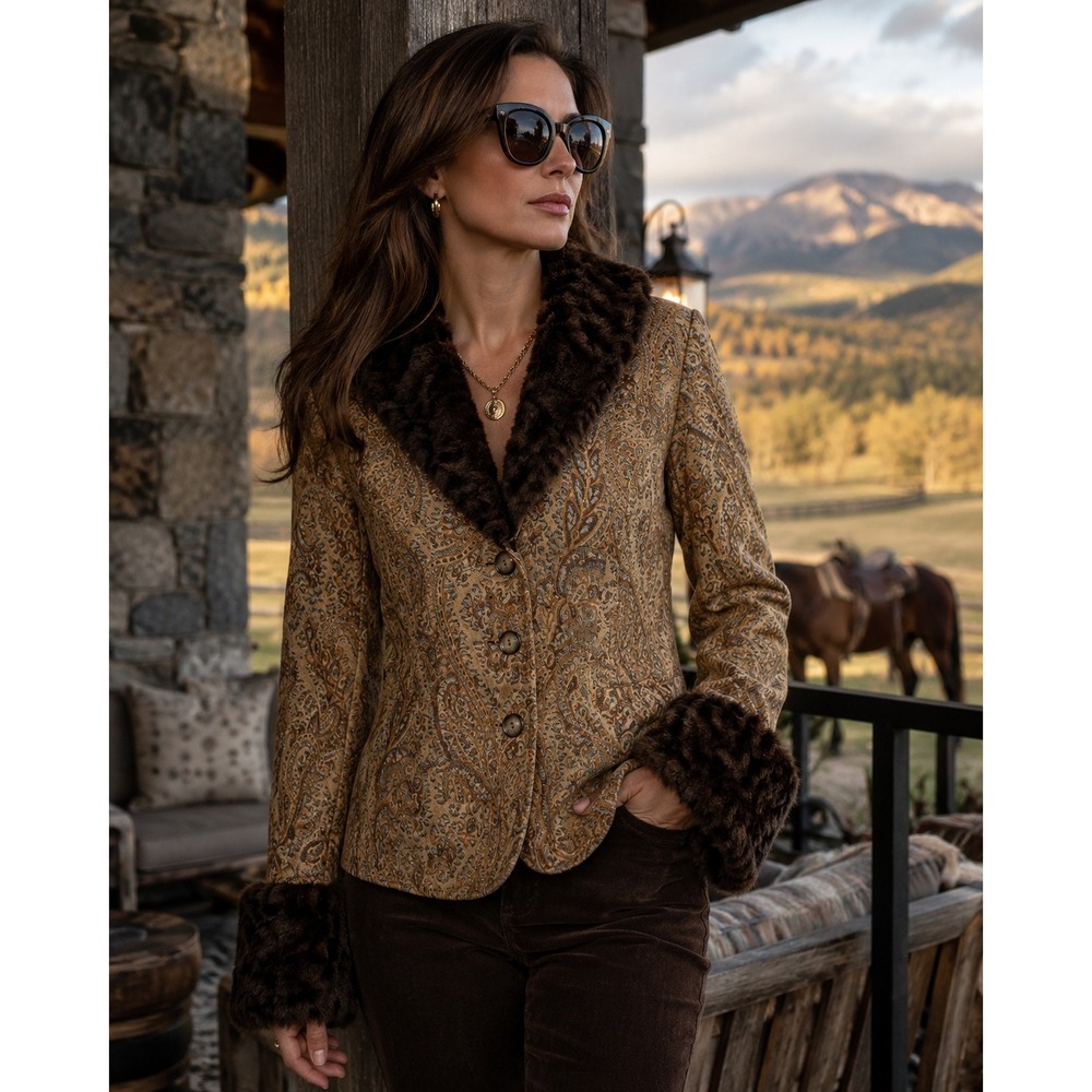 Vintage Tasha Polizzi Jacket Womens XL Faux Fur Leopard Collar Western Chic Boho